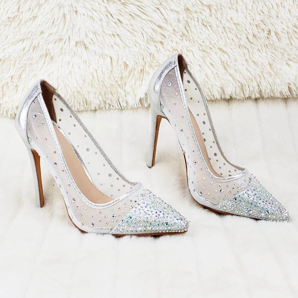 Krayzie Silver Mesh Jeweled High Heel Pumps - Picture 10 of 12